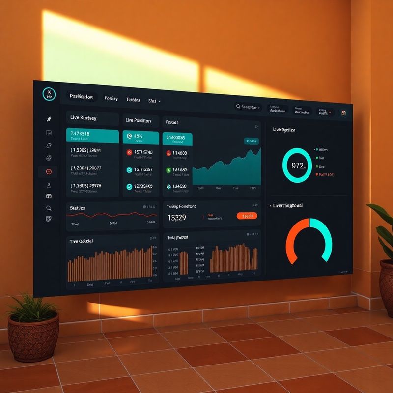 Panel de monitoreo de trading con tarjetas de estado y curvas en tiempo real